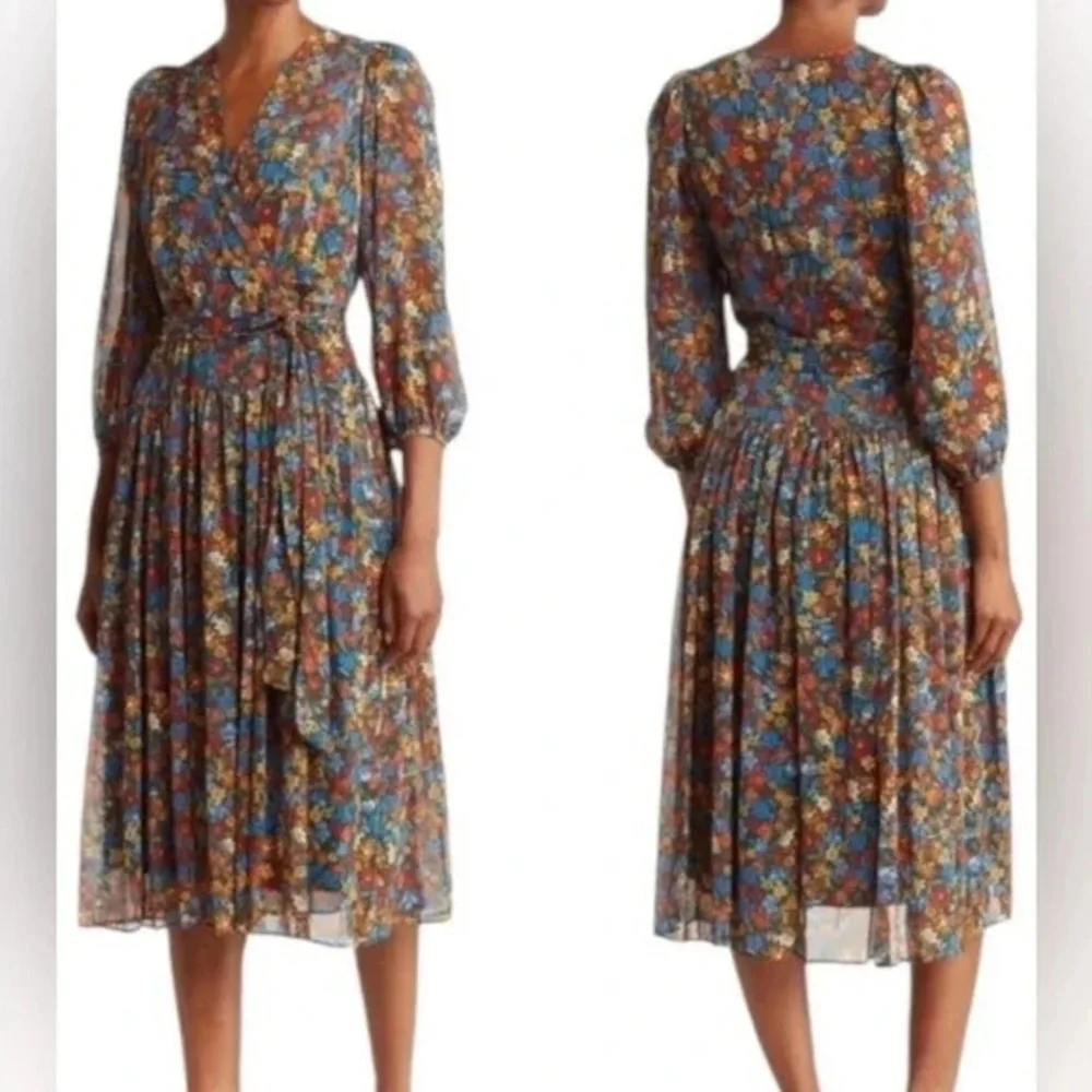 Surplice‎ Neck Three-Quarter Sleeve Floral Print Faux Wrap Midi Dress Sz 8 - Picture 14 of 14